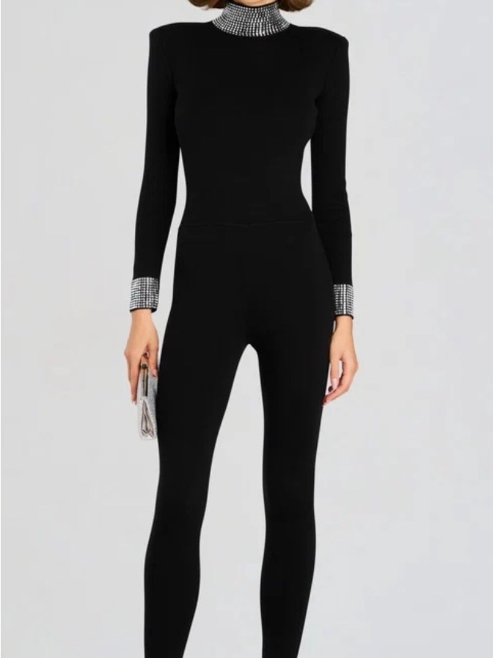 Retrofete Black Rhinestone-Trim High-Neck Fitted Jumpsuit